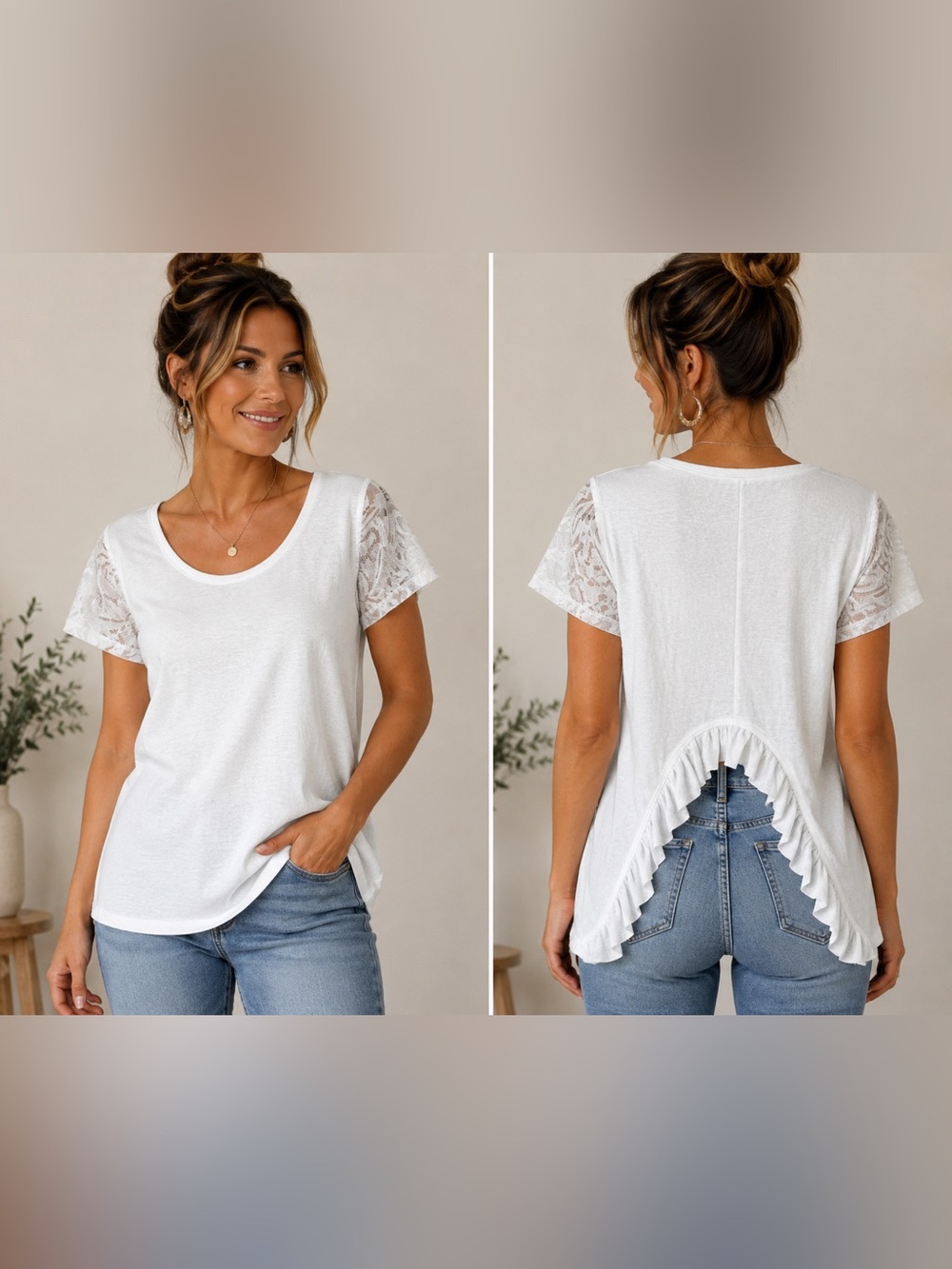 Miss Me White Lace Sleeve Ruffle Open Back Top Size L Boho Romantic